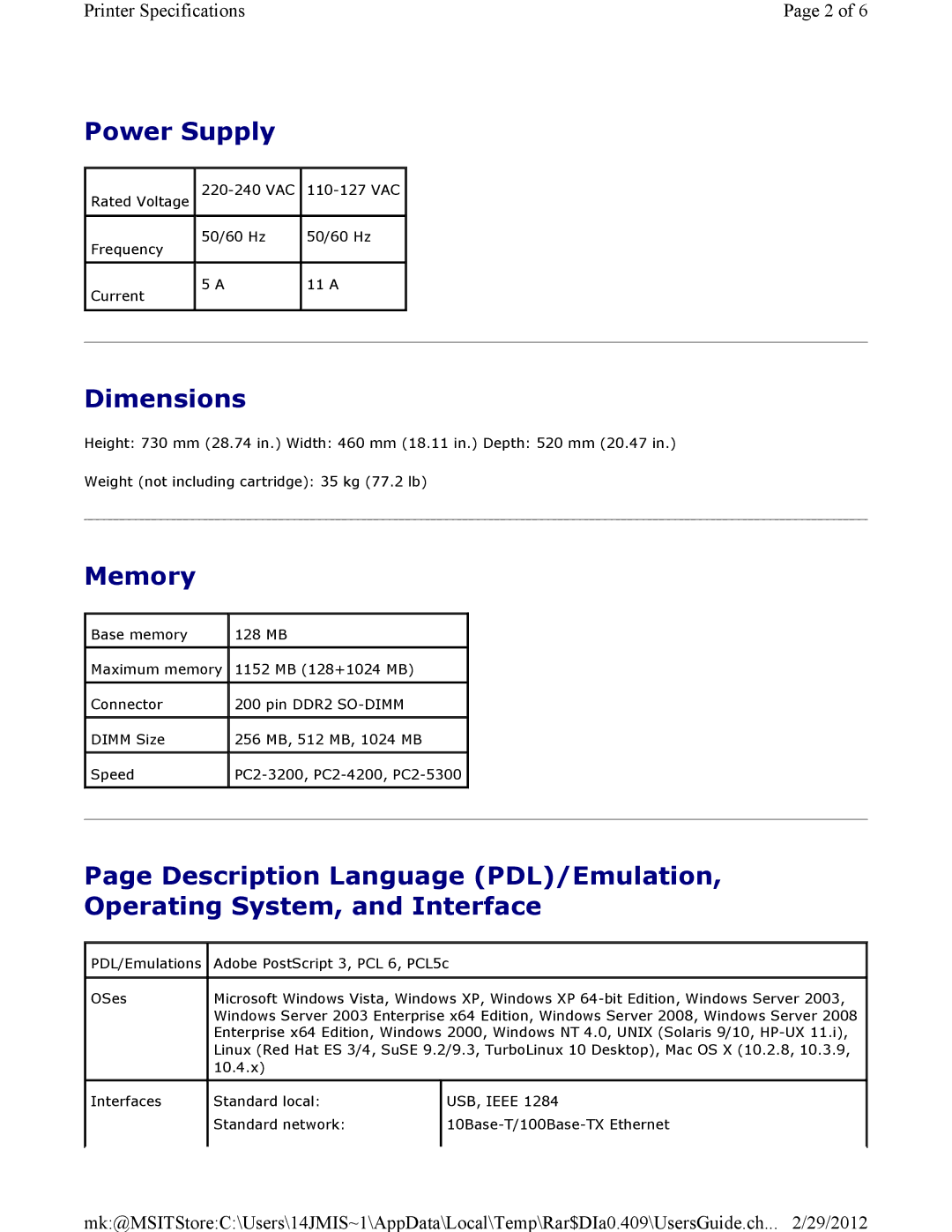 Dell 3115CN manual Power Supply, Dimensions, Memory 