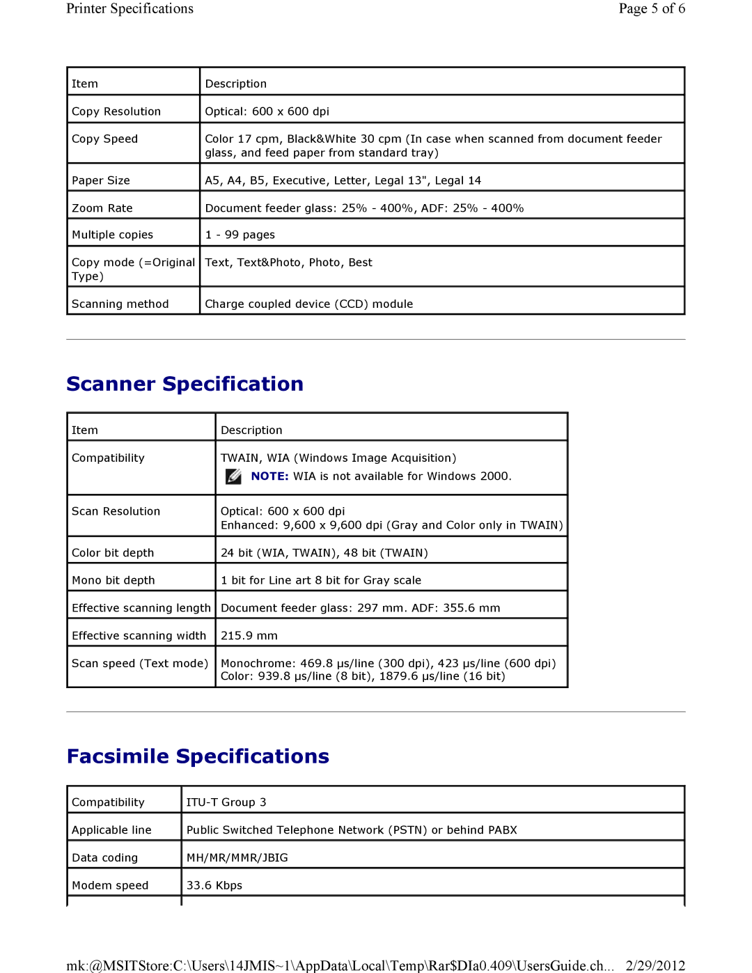 Dell 3115CN manual Scanner Specification, Facsimile Specifications 