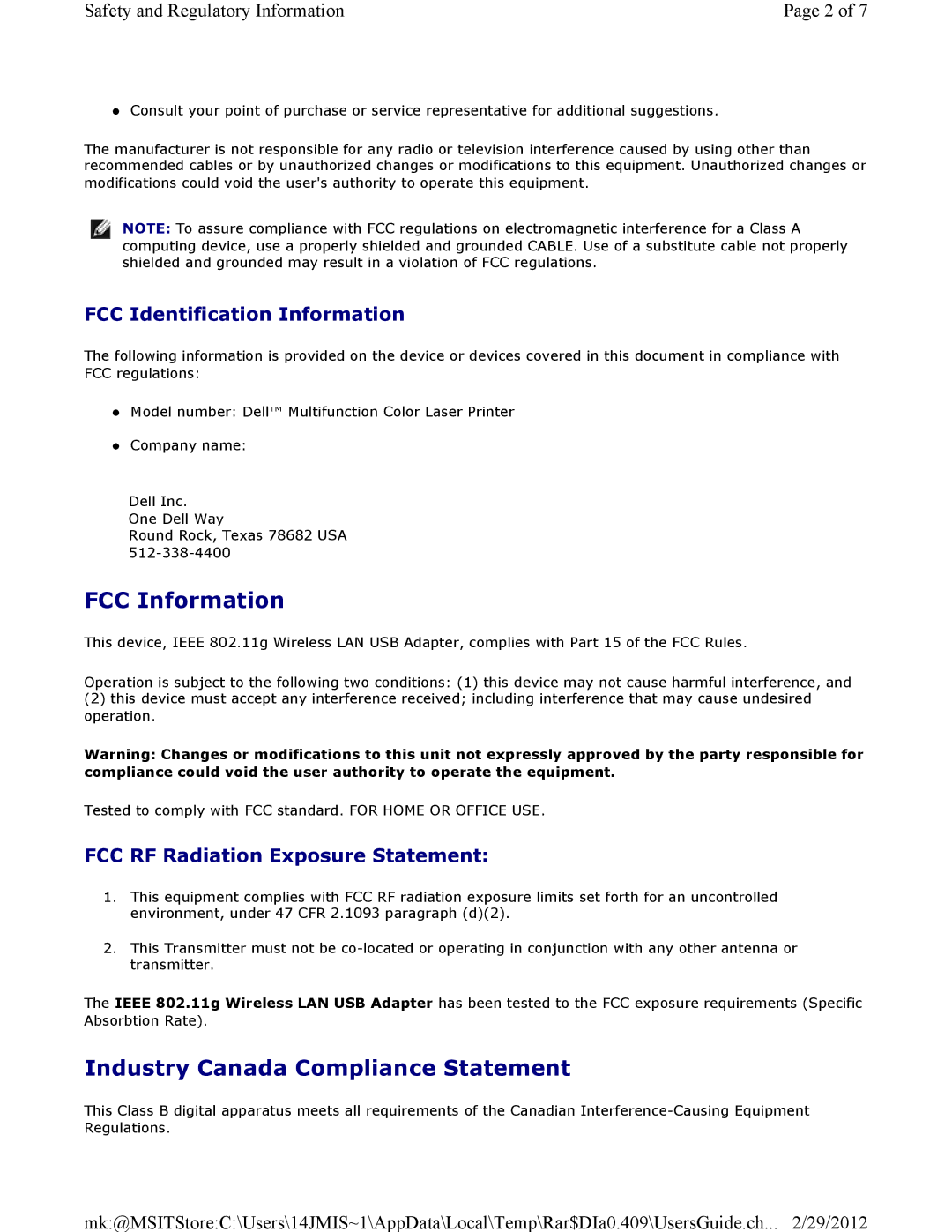 Dell 3115CN manual FCC Information, Industry Canada Compliance Statement 