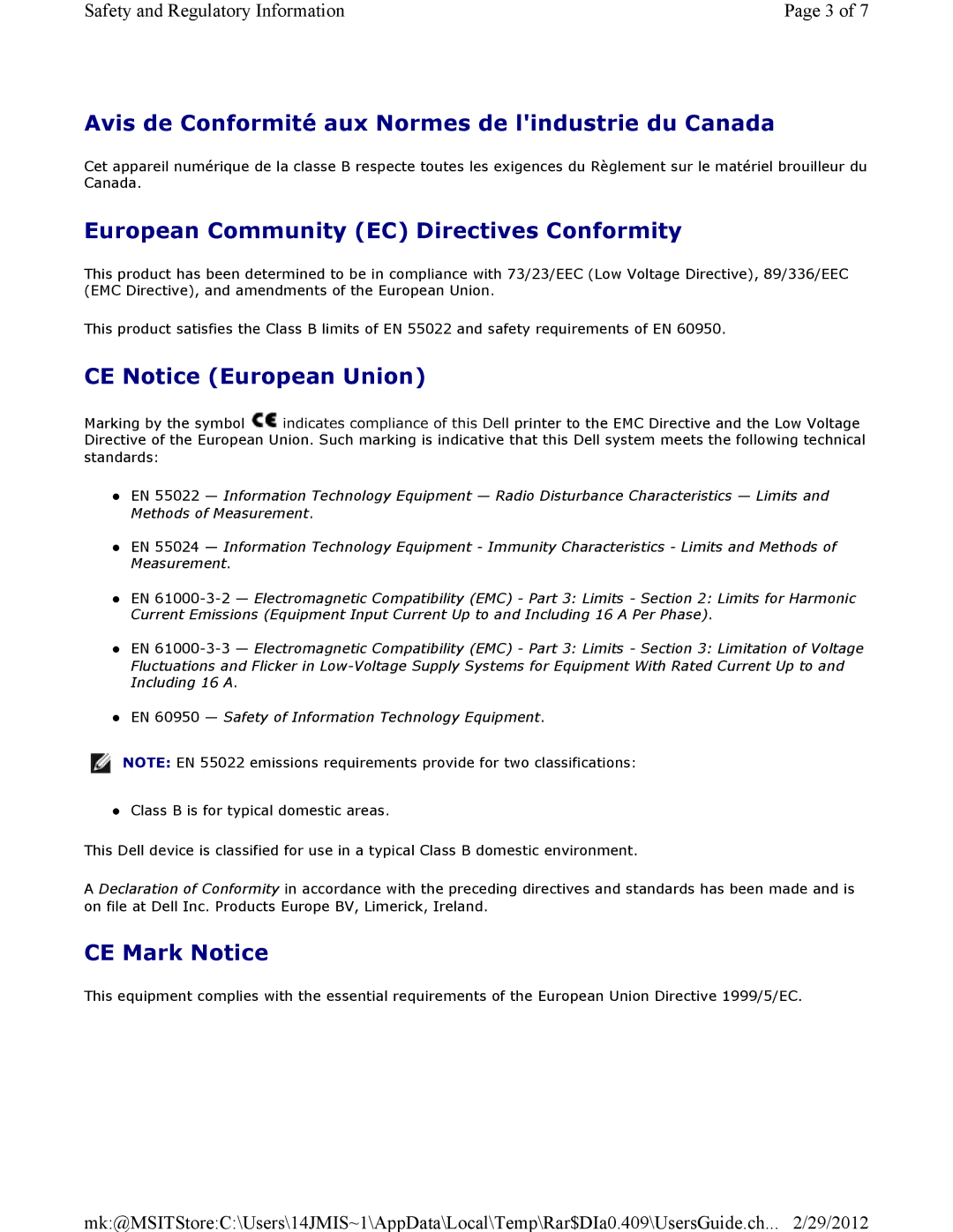 Dell 3115CN manual Avis de Conformité aux Normes de lindustrie du Canada, European Community EC Directives Conformity 