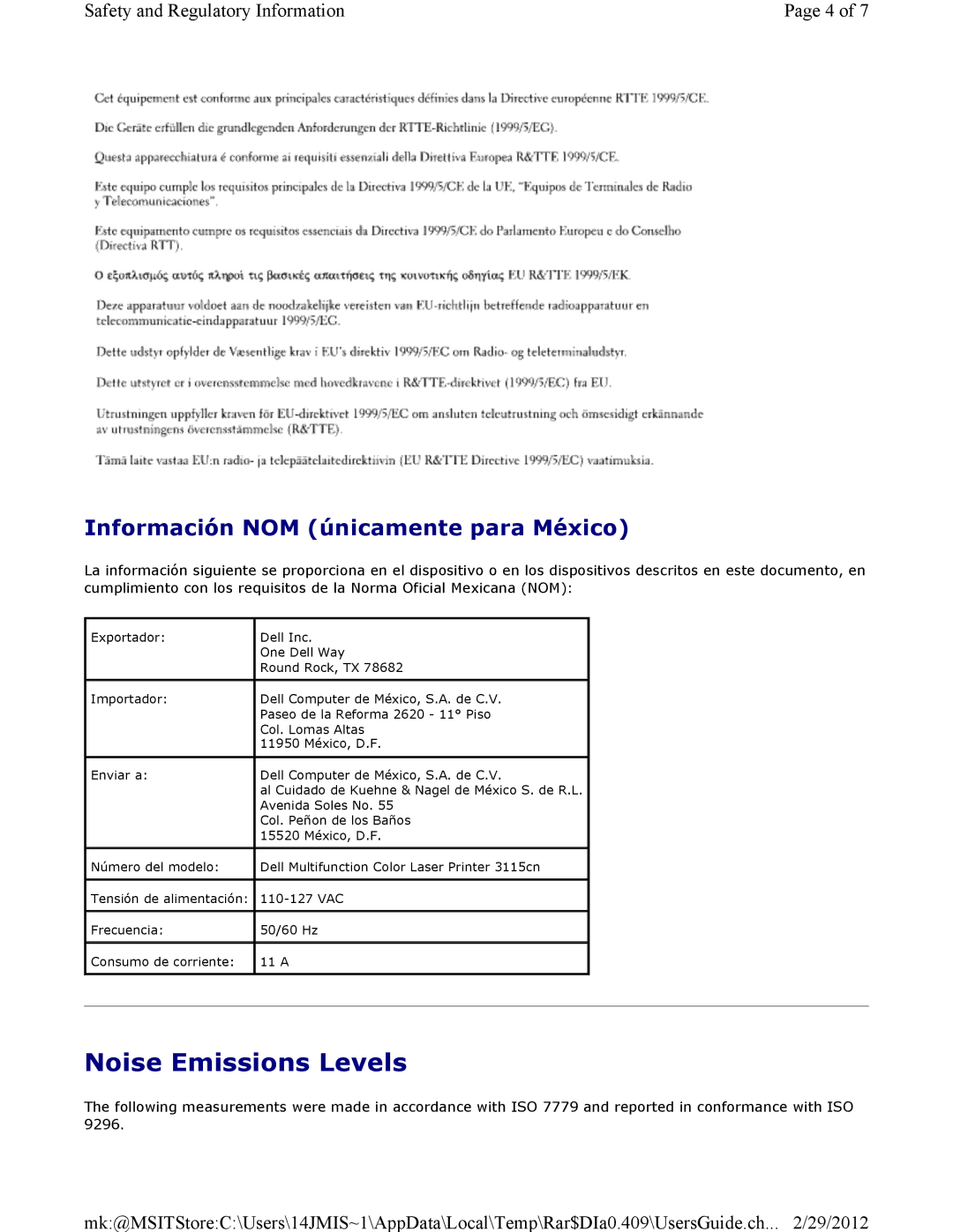 Dell 3115CN manual Noise Emissions Levels, Información NOM únicamente para México 