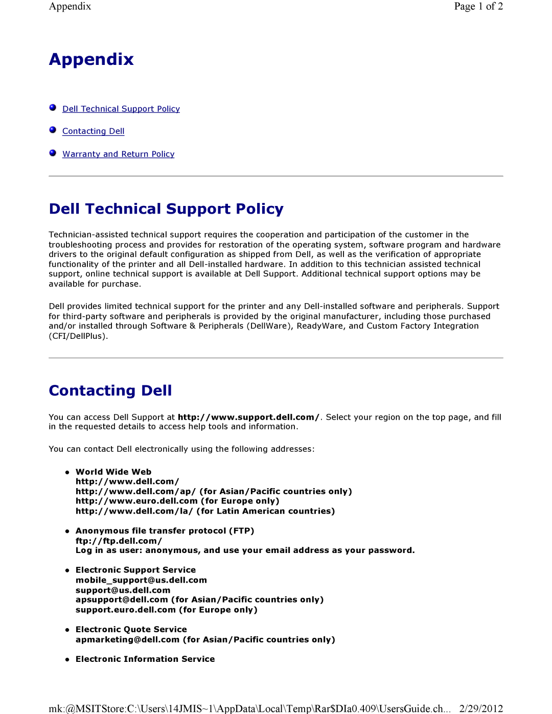 Dell 3115CN manual Appendix, Dell Technical Support Policy, Contacting Dell 