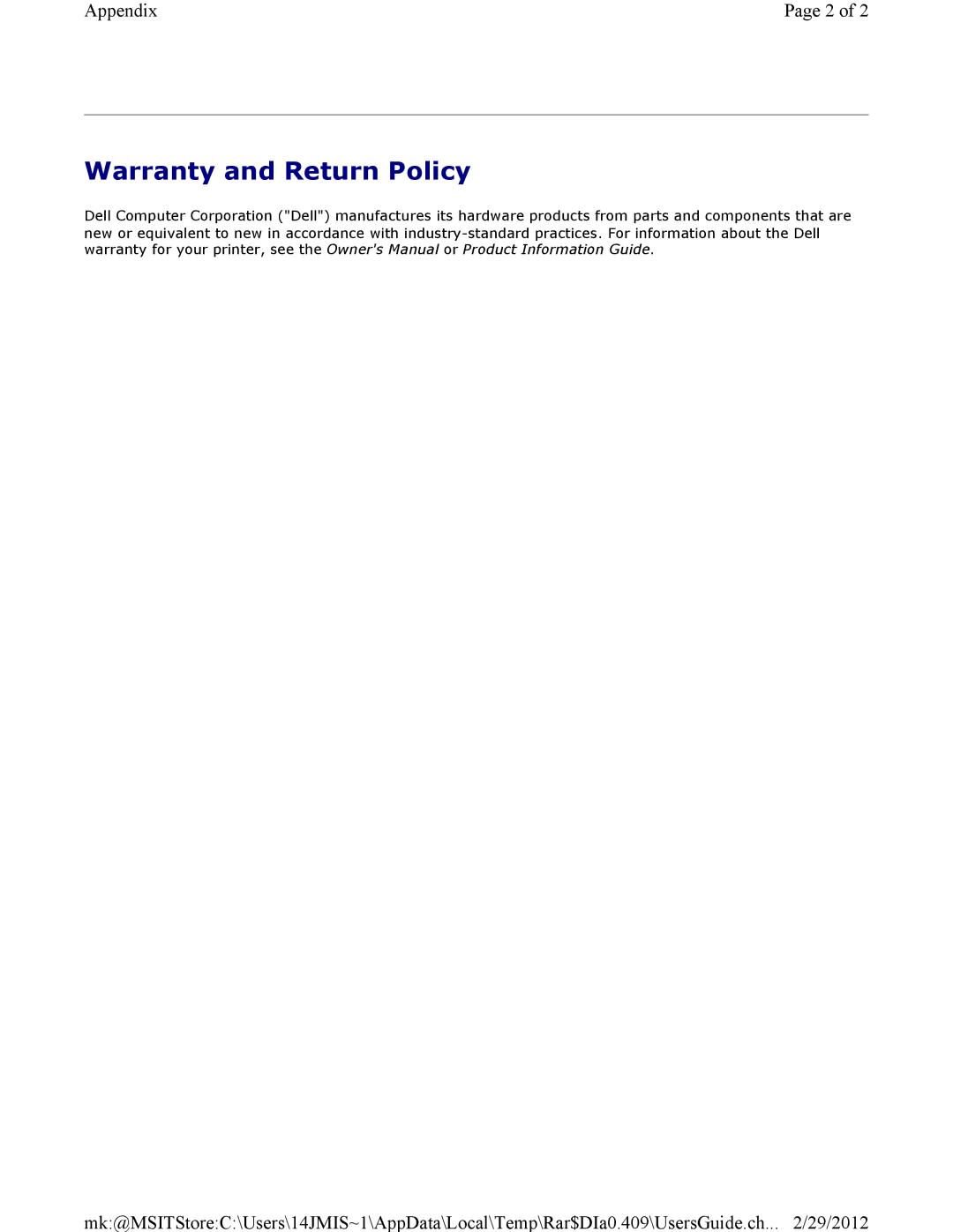 Dell 3115CN manual Warranty and Return Policy 