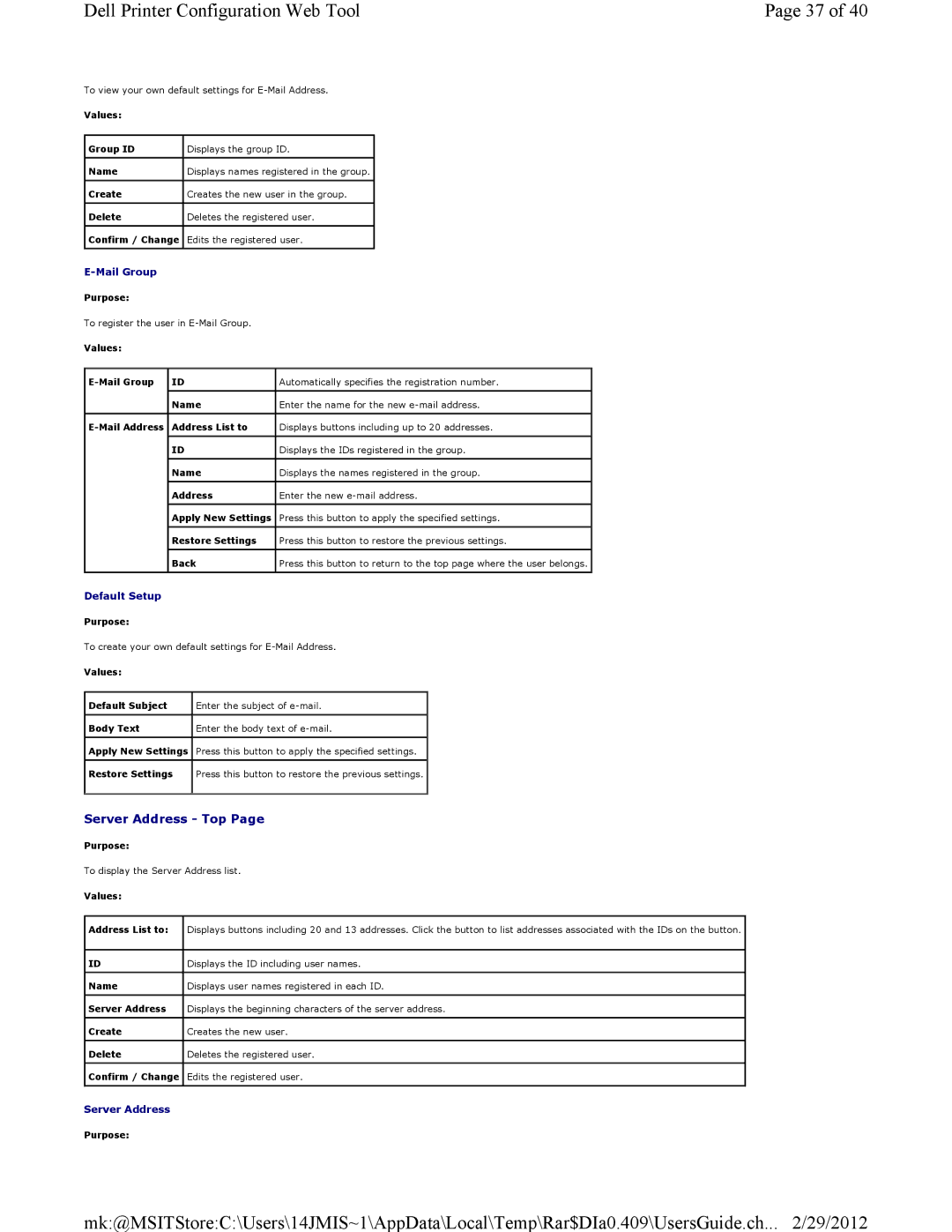 Dell 3115CN manual Server Address Top 