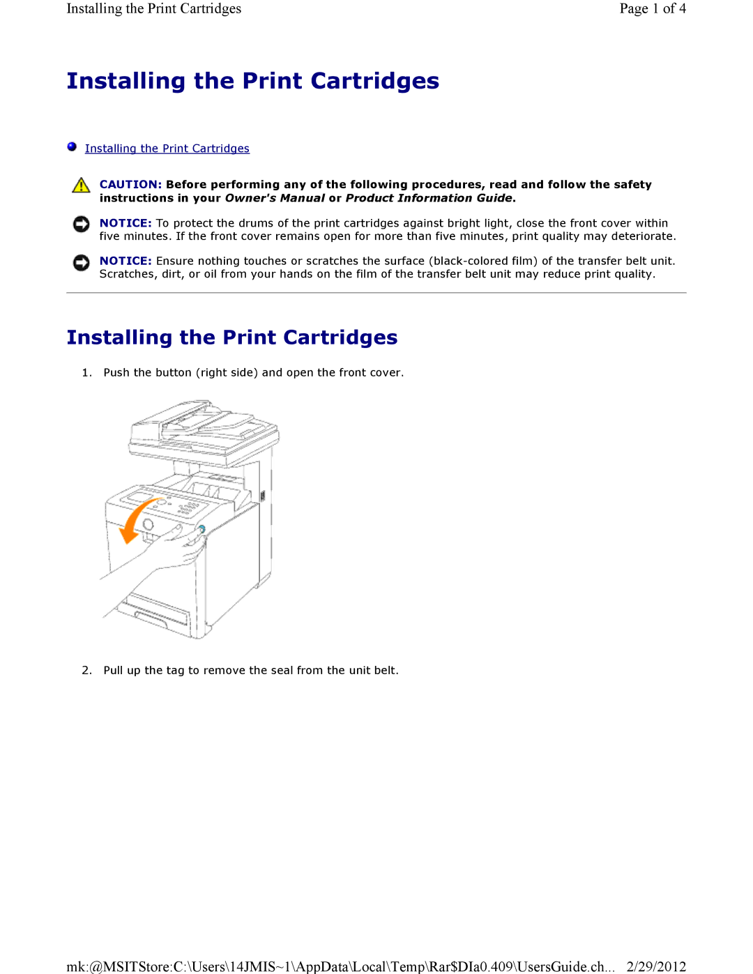 Dell 3115CN manual Installing the Print Cartridges 