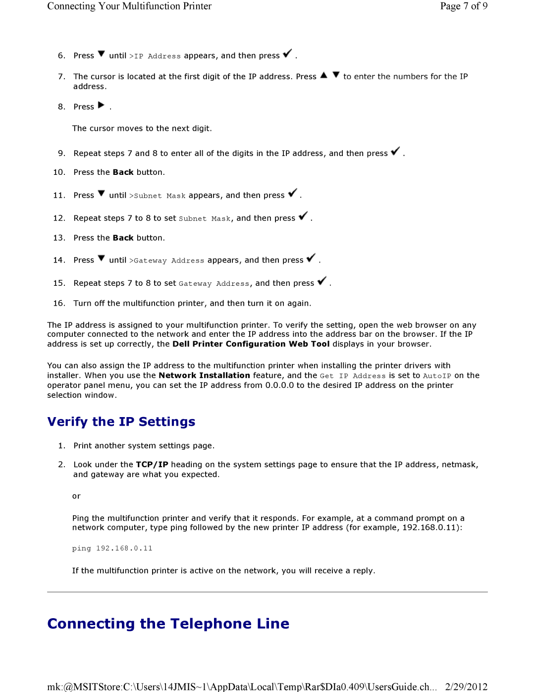 Dell 3115CN manual Connecting the Telephone Line, Verify the IP Settings 