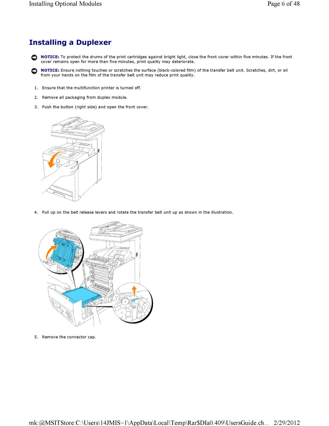 Dell 3115CN manual Installing a Duplexer 