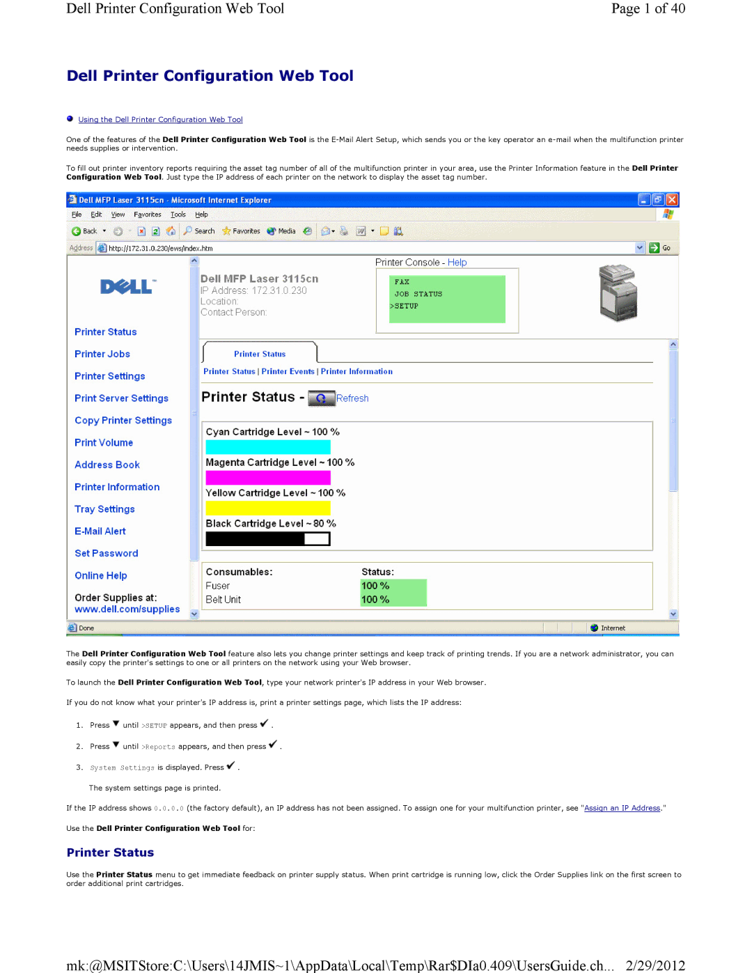 Dell 3115CN manual Dell Printer Configuration Web Tool 