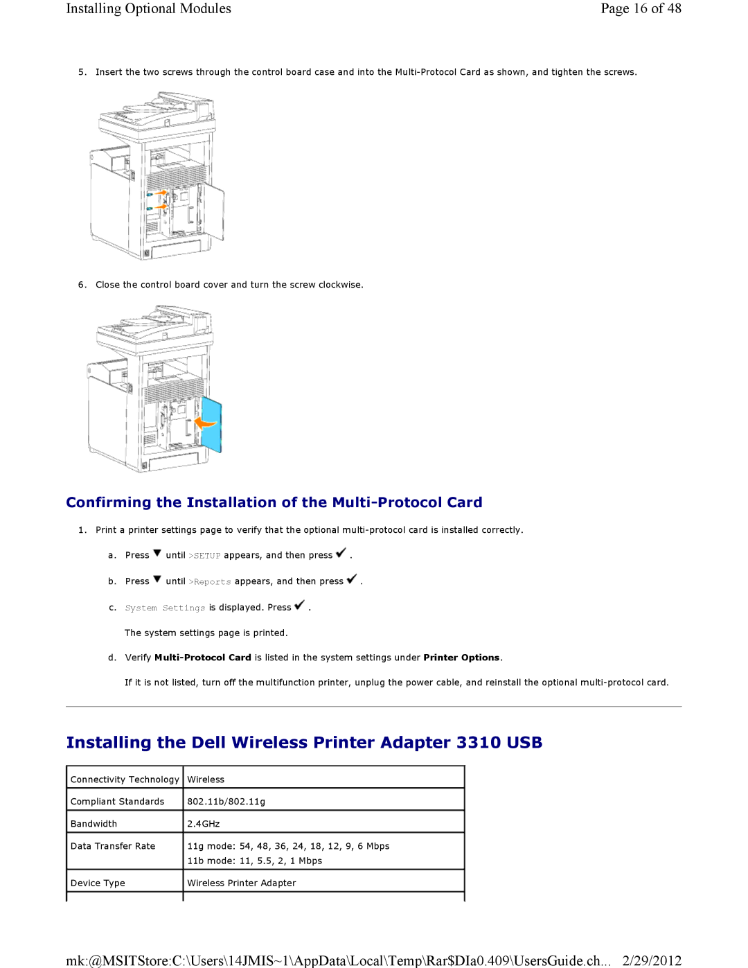 Dell 3115CN Installing the Dell Wireless Printer Adapter 3310 USB, Confirming the Installation of the Multi-Protocol Card 