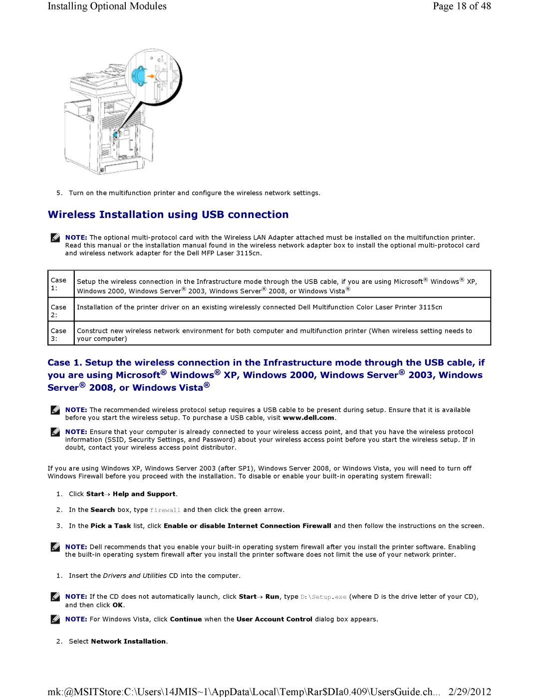 Dell 3115CN manual Wireless Installation using USB connection 