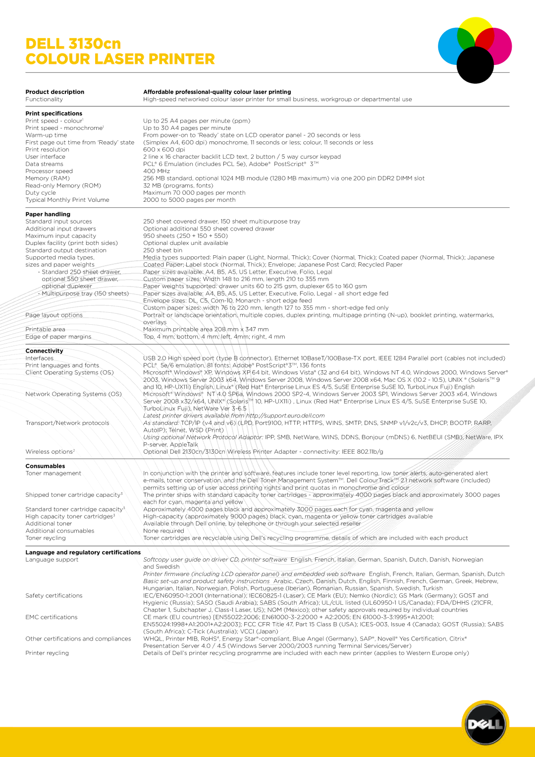 Dell 3130cn manual Print specifications, Paper handling, Consumables, Language and regulatory certifications 