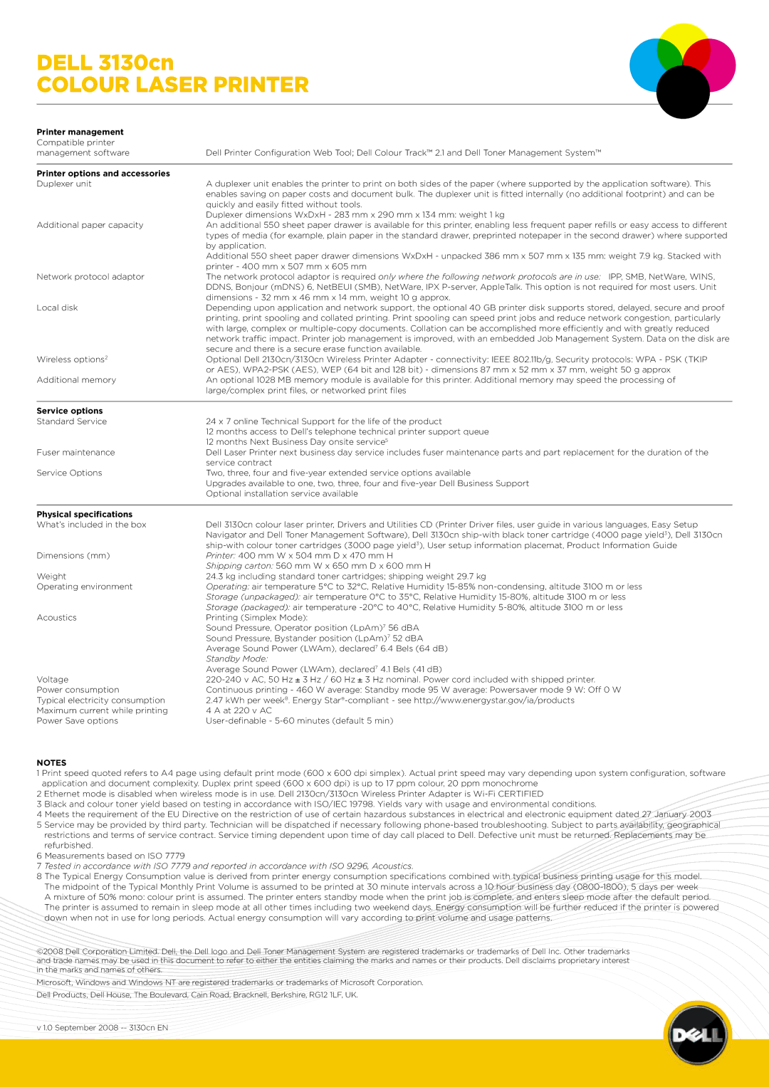 Dell 3130cn manual Printer management, Printer options and accessories, Service options, Physical specifications 