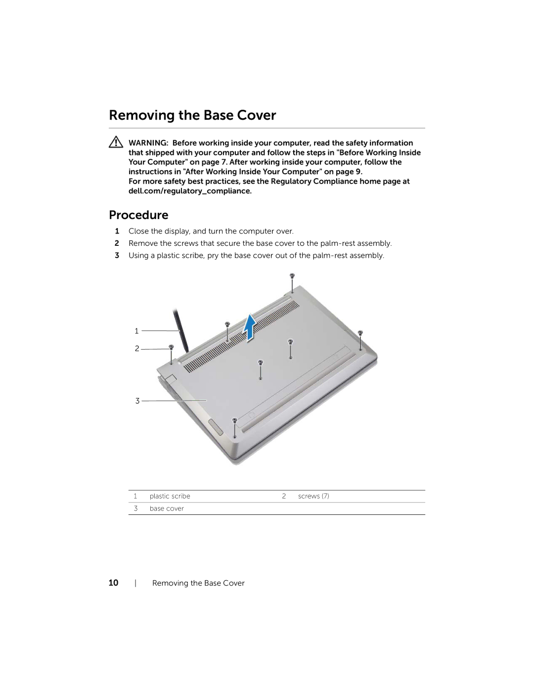 Dell 3137, P19T001 owner manual Removing the Base Cover, Procedure 