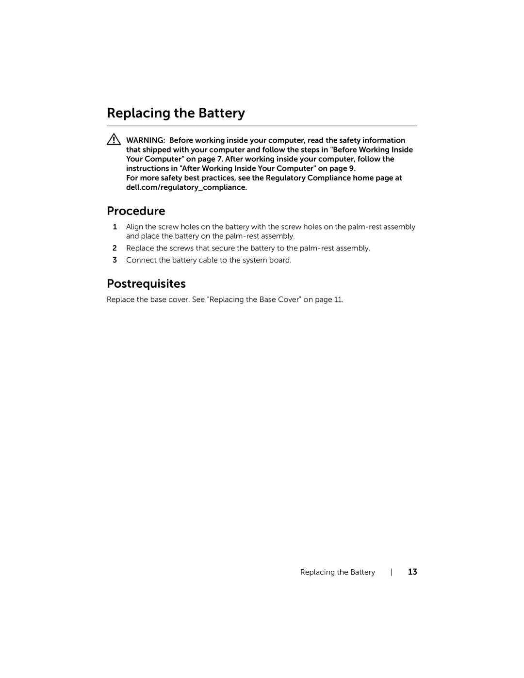 Dell P19T001, 3137 owner manual Replacing the Battery 