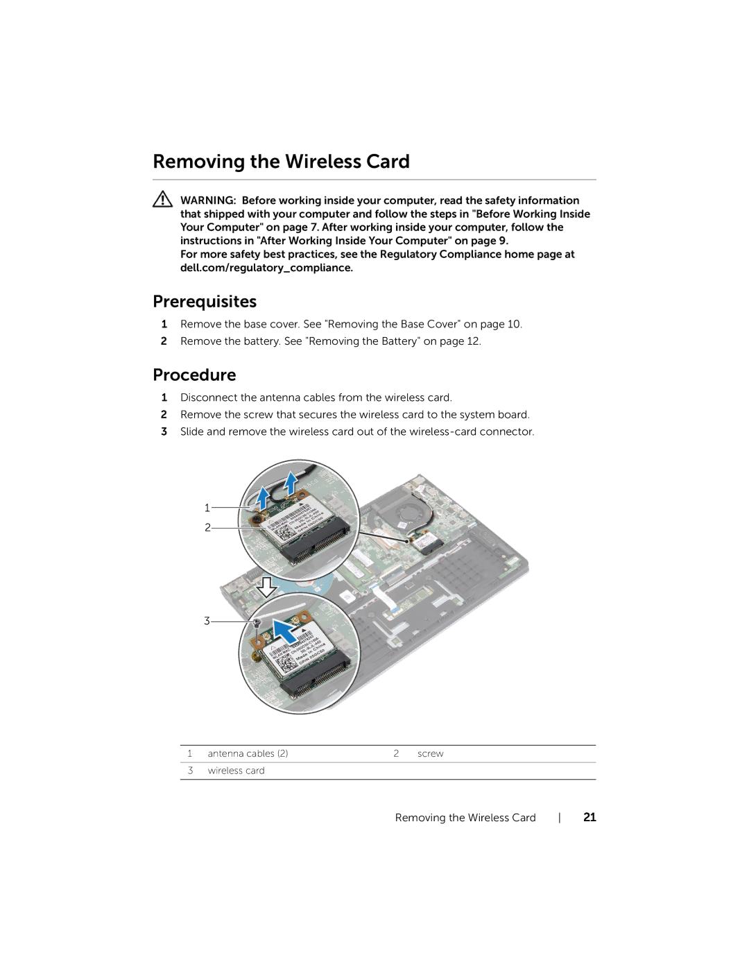 Dell P19T001, 3137 owner manual Removing the Wireless Card 