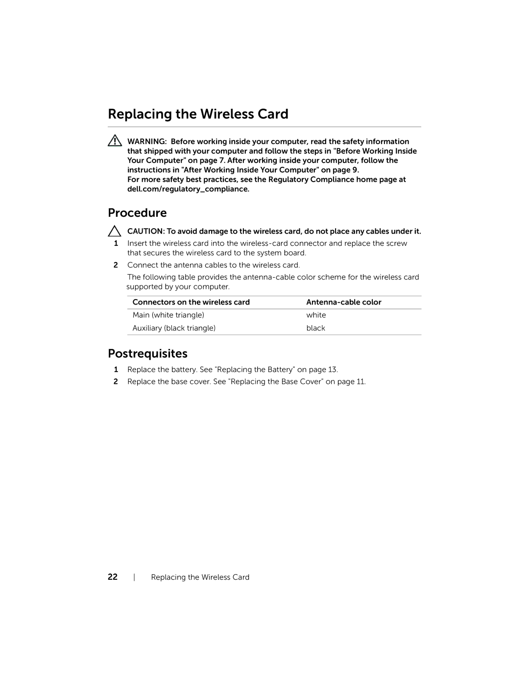 Dell 3137, P19T001 owner manual Replacing the Wireless Card 