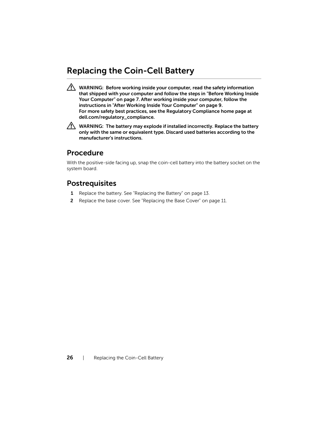 Dell 3137, P19T001 owner manual Replacing the Coin-Cell Battery 