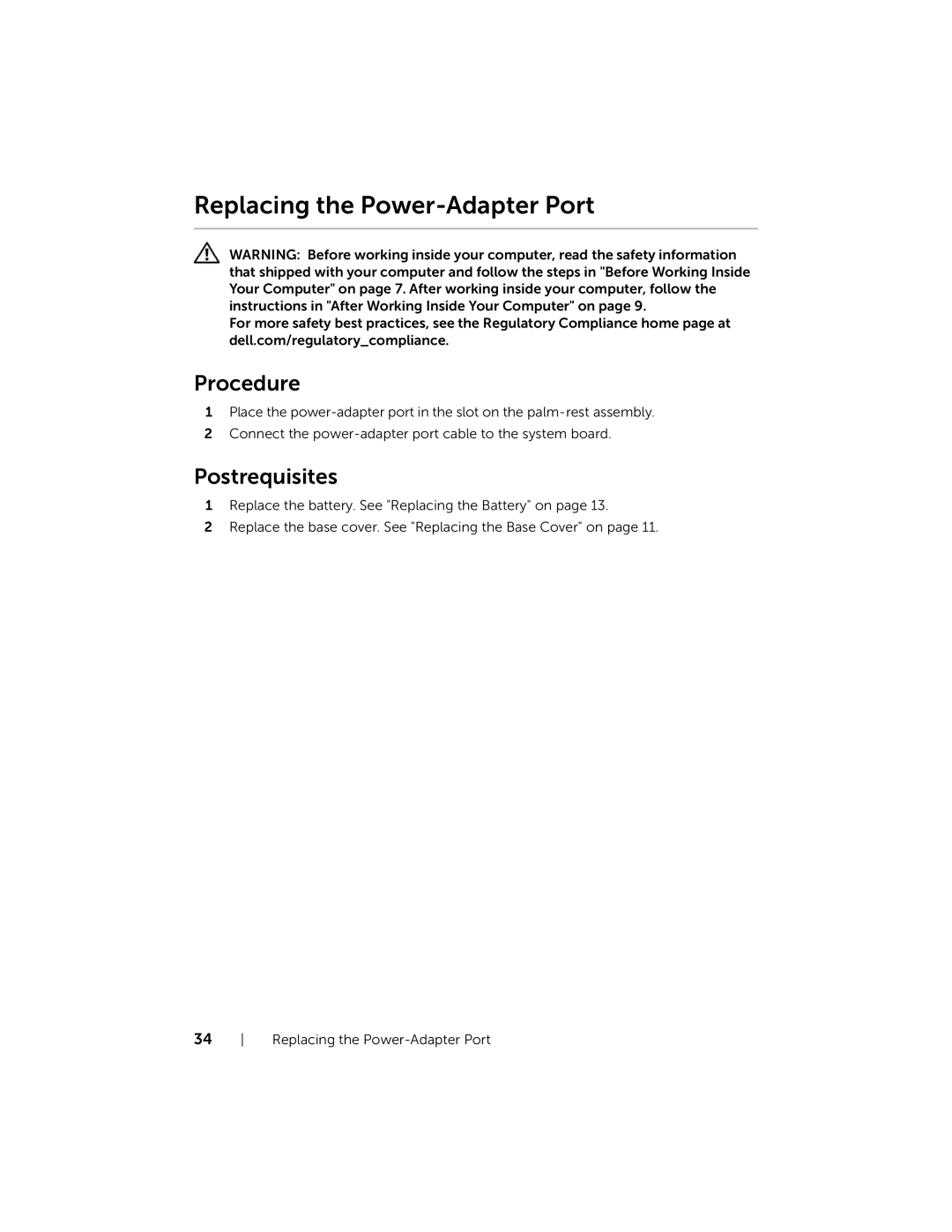 Dell 3137, P19T001 owner manual Replacing the Power-Adapter Port 