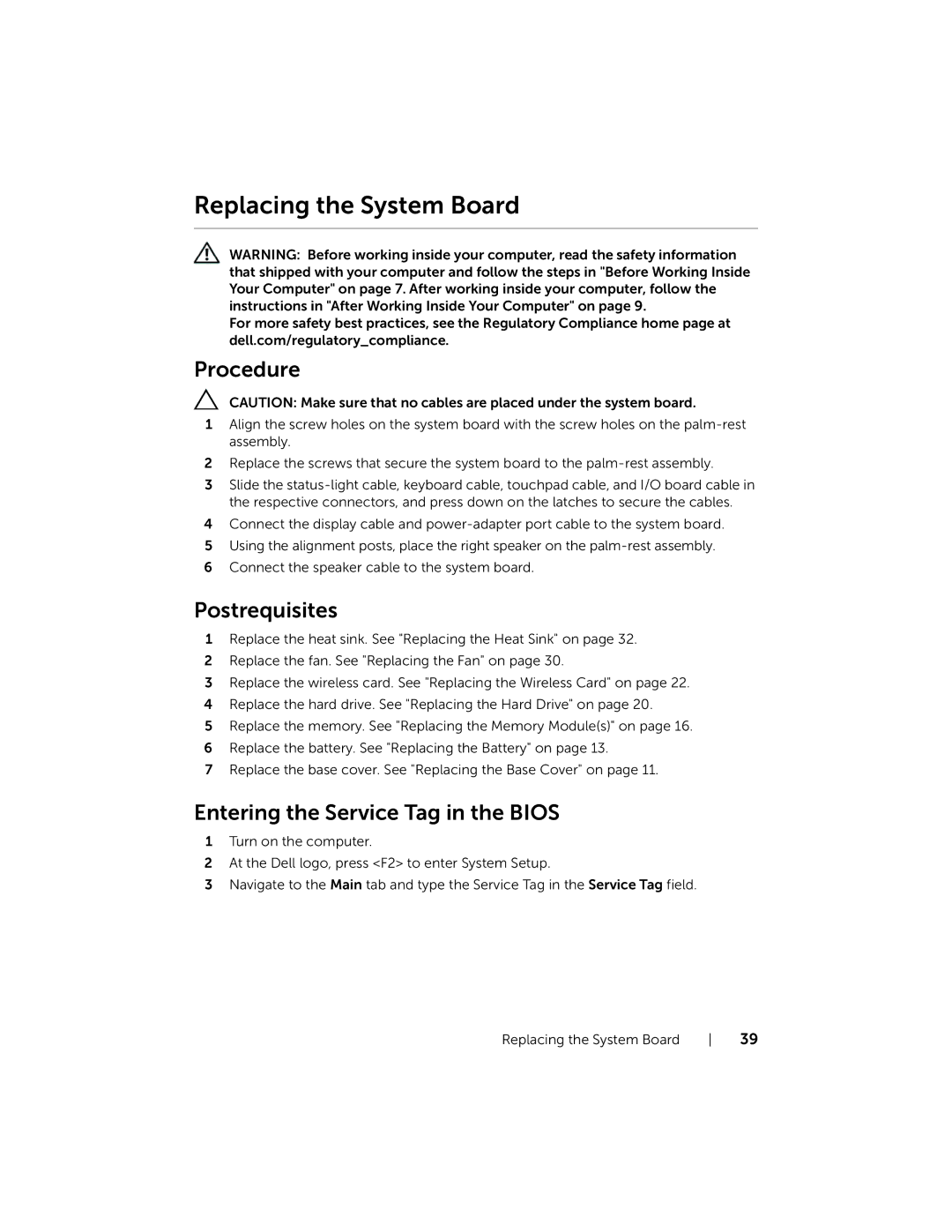 Dell P19T001, 3137 owner manual Replacing the System Board, Entering the Service Tag in the Bios 