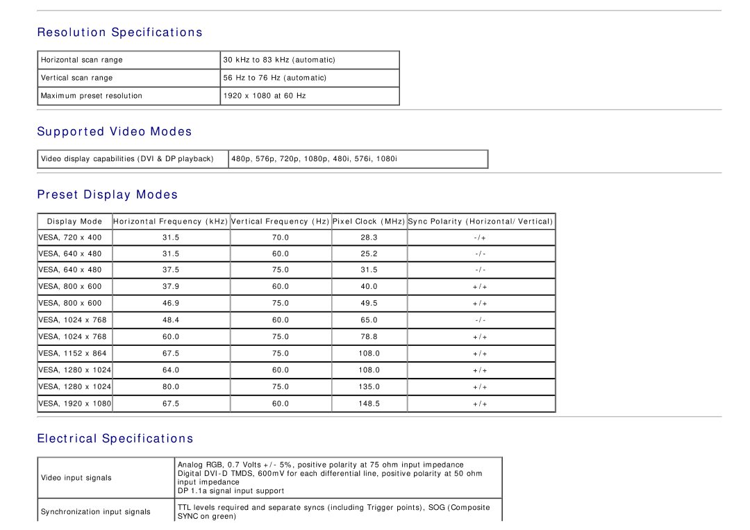 Dell 4691253, 320-2807 Resolution Specifications, Supported Video Modes, Preset Display Modes, Electrical Specifications 