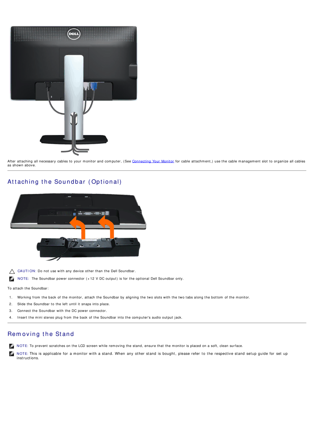 Dell 320-2807, 4691253 manual Attaching the Soundbar Optional, Removing the Stand 