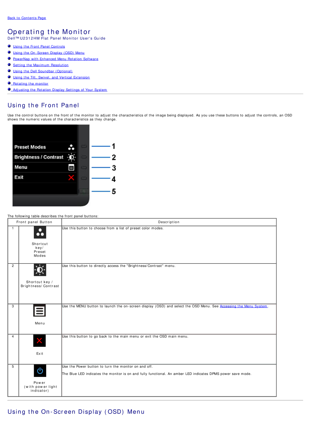 Dell 320-2807, 4691253 manual Using the Front Panel, Using the On-Screen Display OSD Menu 