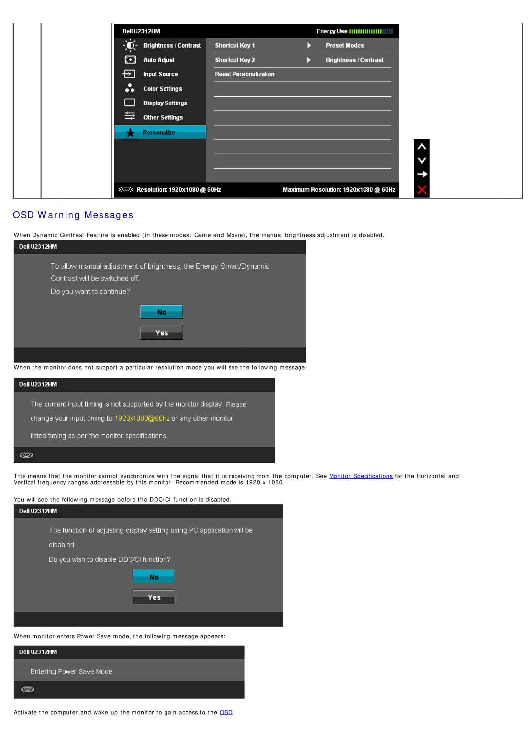 Dell 4691253, 320-2807 manual OSD Warning Messages 