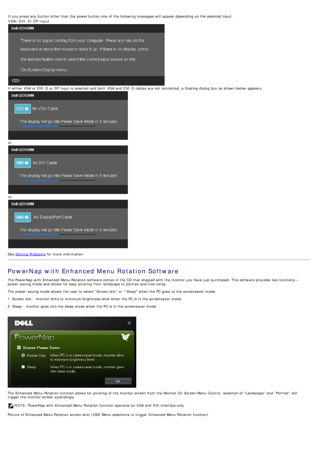 Dell 320-2807, 4691253 manual PowerNap with Enhanced Menu Rotation Software, VGA/DVI-D/DP input 