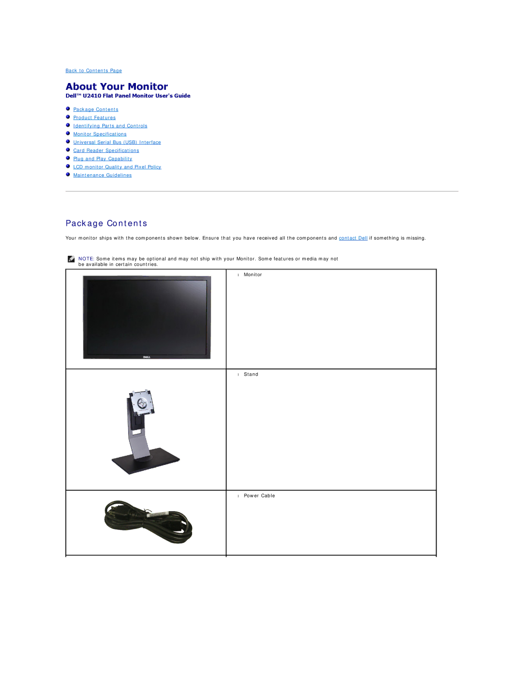 Dell 320-8277, U2410 manual About Your Monitor, Package Contents 