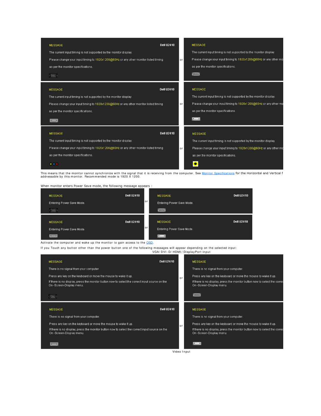 Dell U2410, 320-8277 manual VGA/DVI-D/HDMI/DisplayPort input Video Input 