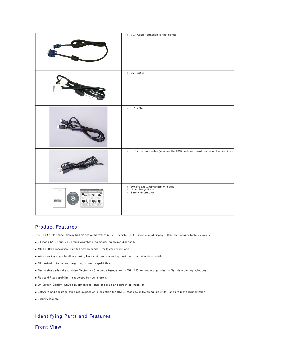 Dell U2410, 320-8277 manual Product Features, Identifying Parts and Features Front View 