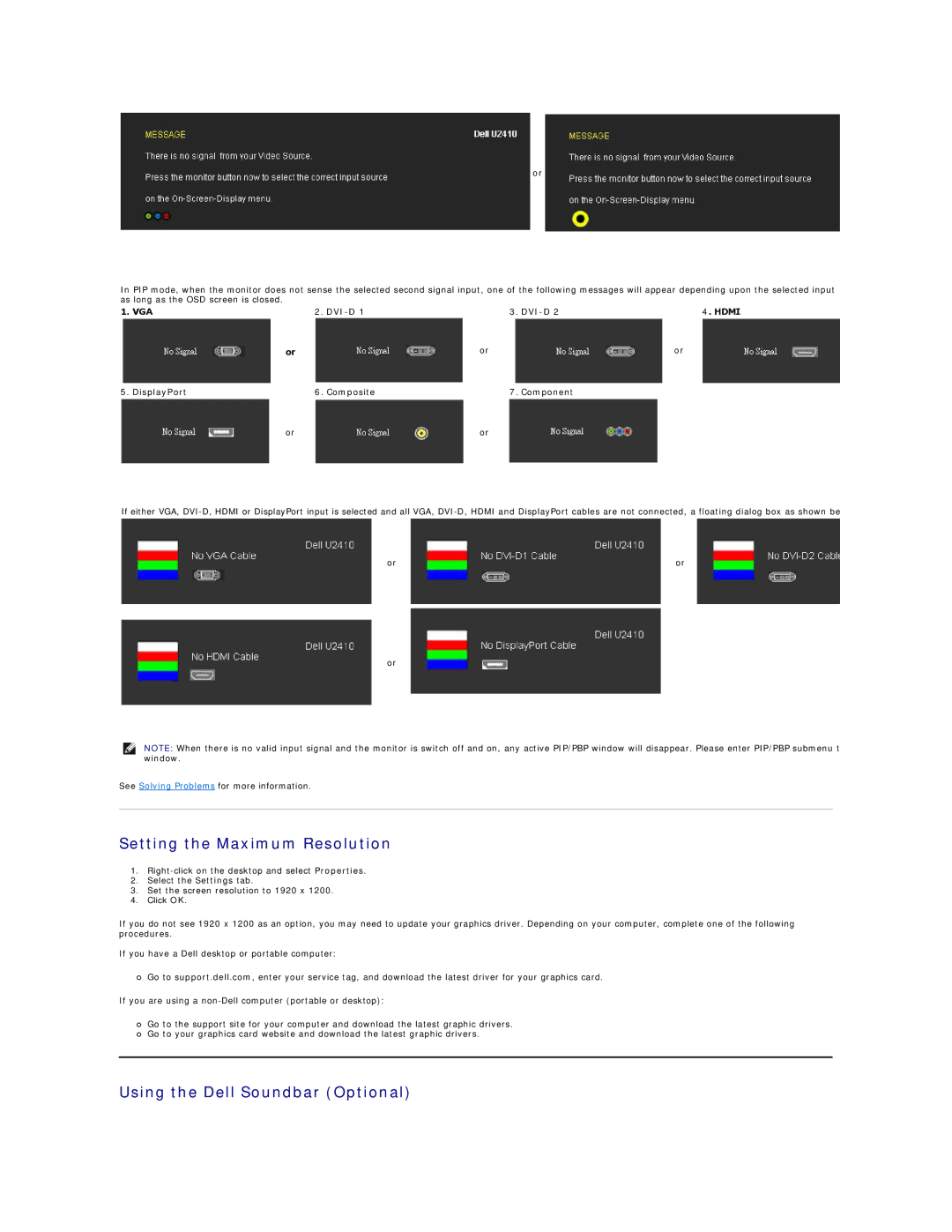 Dell 320-8277 Setting the Maximum Resolution, Using the Dell Soundbar Optional, Vga Dvi-D, DisplayPort Composite Component 