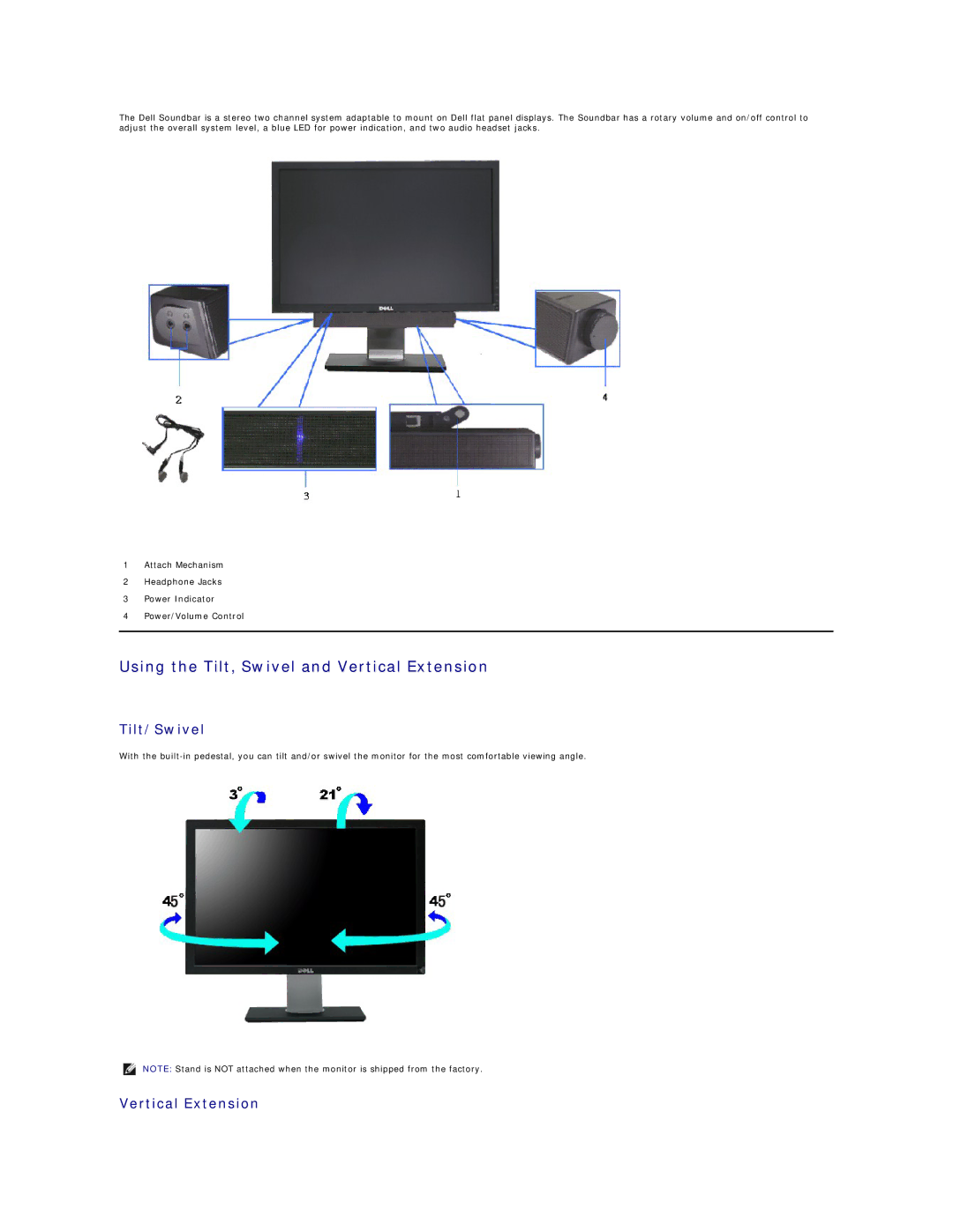 Dell U2410, 320-8277 manual Using the Tilt, Swivel and Vertical Extension, Tilt/Swivel 