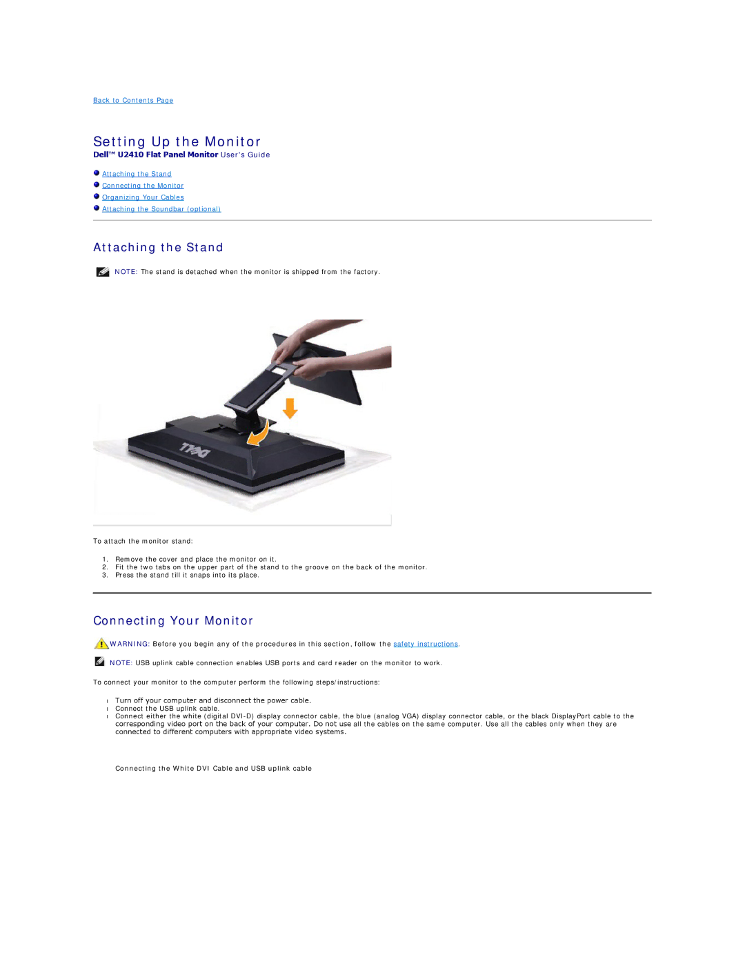 Dell 320-8277, U2410 manual Setting Up the Monitor, Attaching the Stand, Connecting Your Monitor 