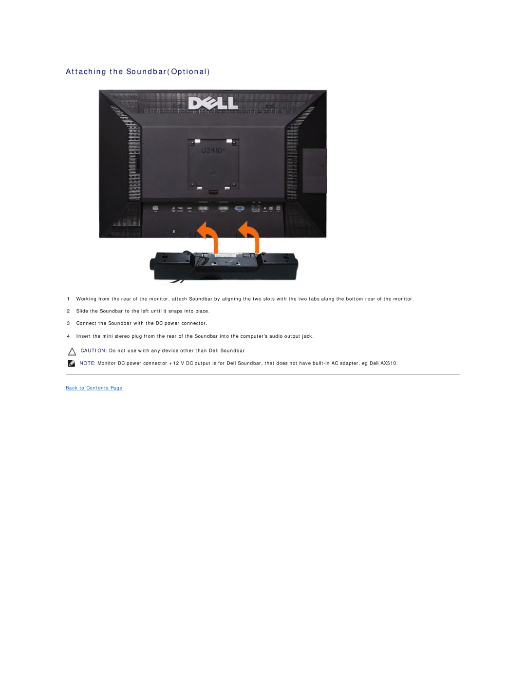 Dell 320-8277, U2410 manual Attaching the SoundbarOptional 