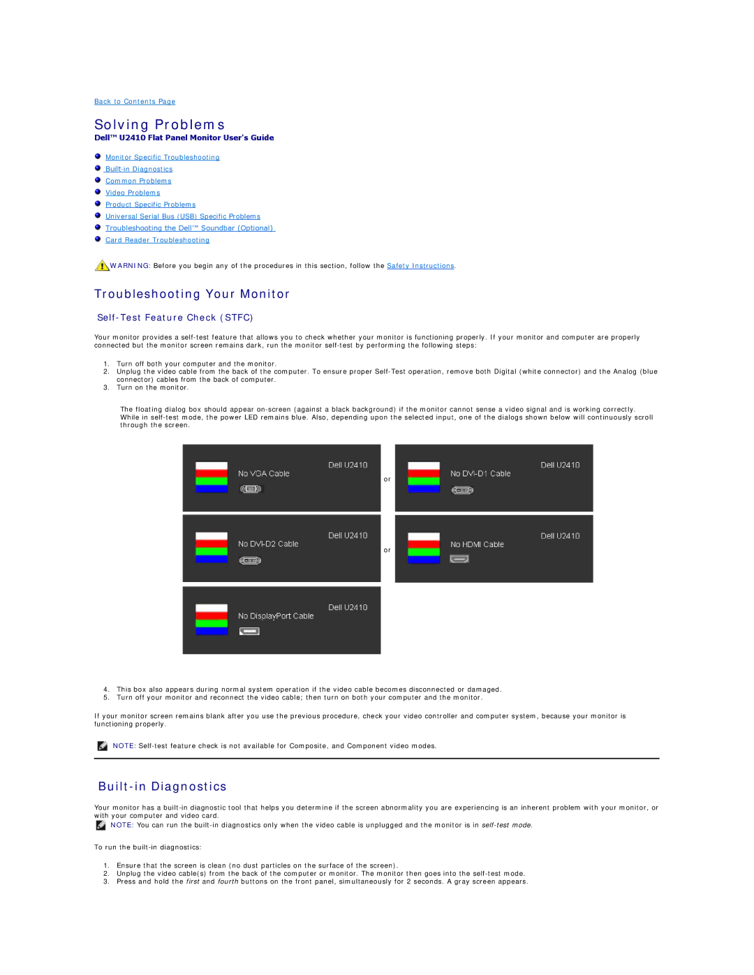 Dell U2410, 320-8277 manual Solving Problems, Troubleshooting Your Monitor, Built-in Diagnostics 