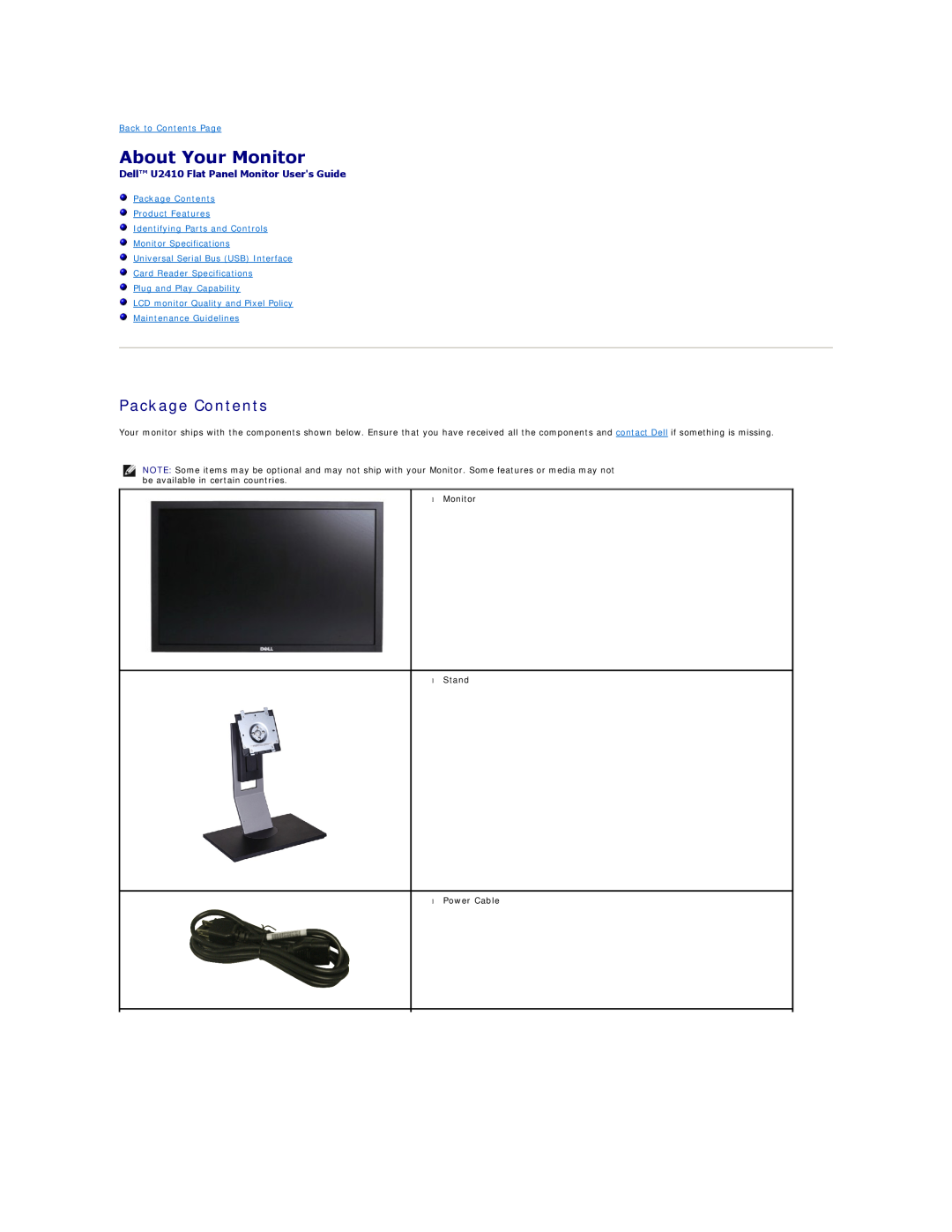 Dell 320-8277 manual About Your Monitor, Package Contents, Dell U2410 Flat Panel Monitor Users Guide, Back to Contents Page 