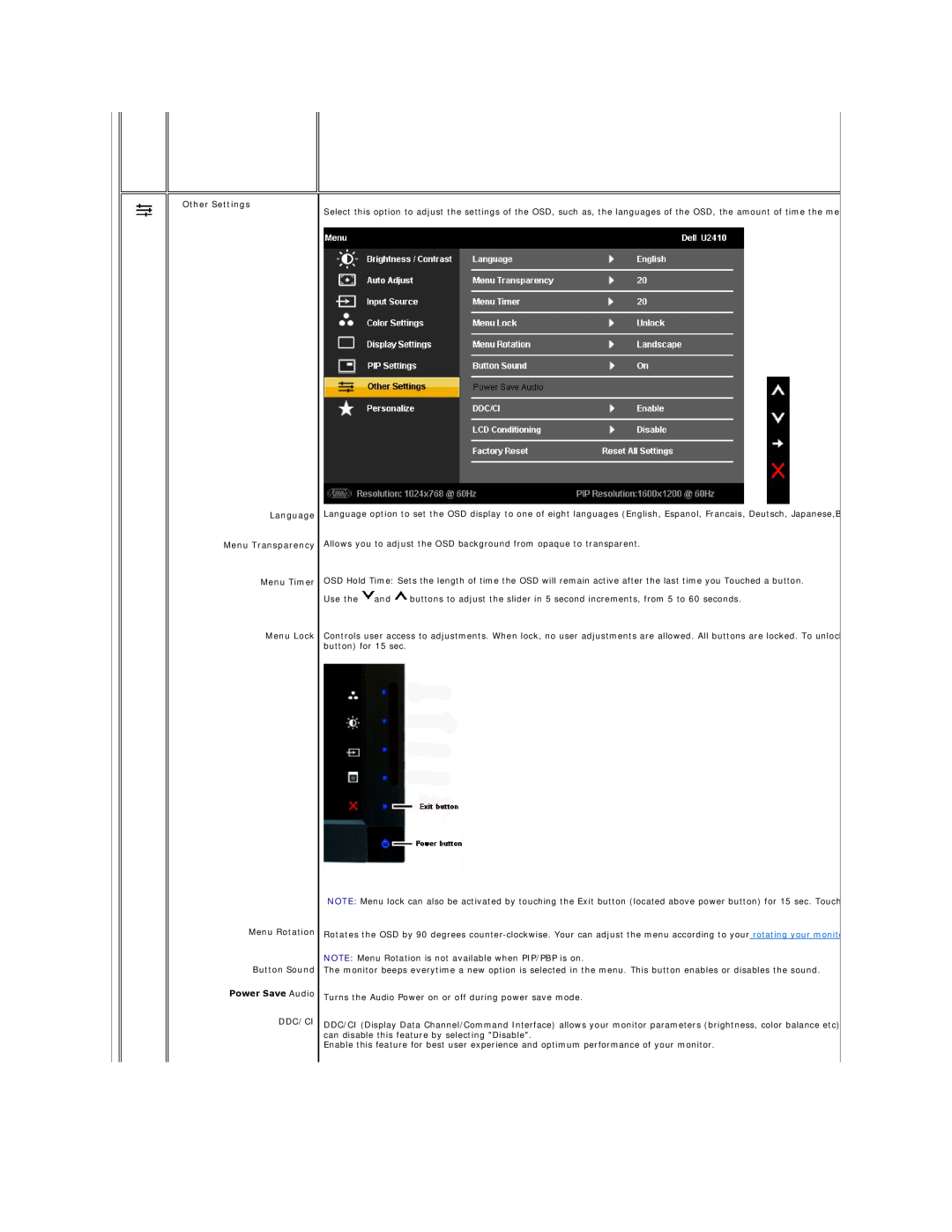 Dell U2410, 320-8277 manual Other Settings Language Menu Transparency Menu Timer Menu Lock 