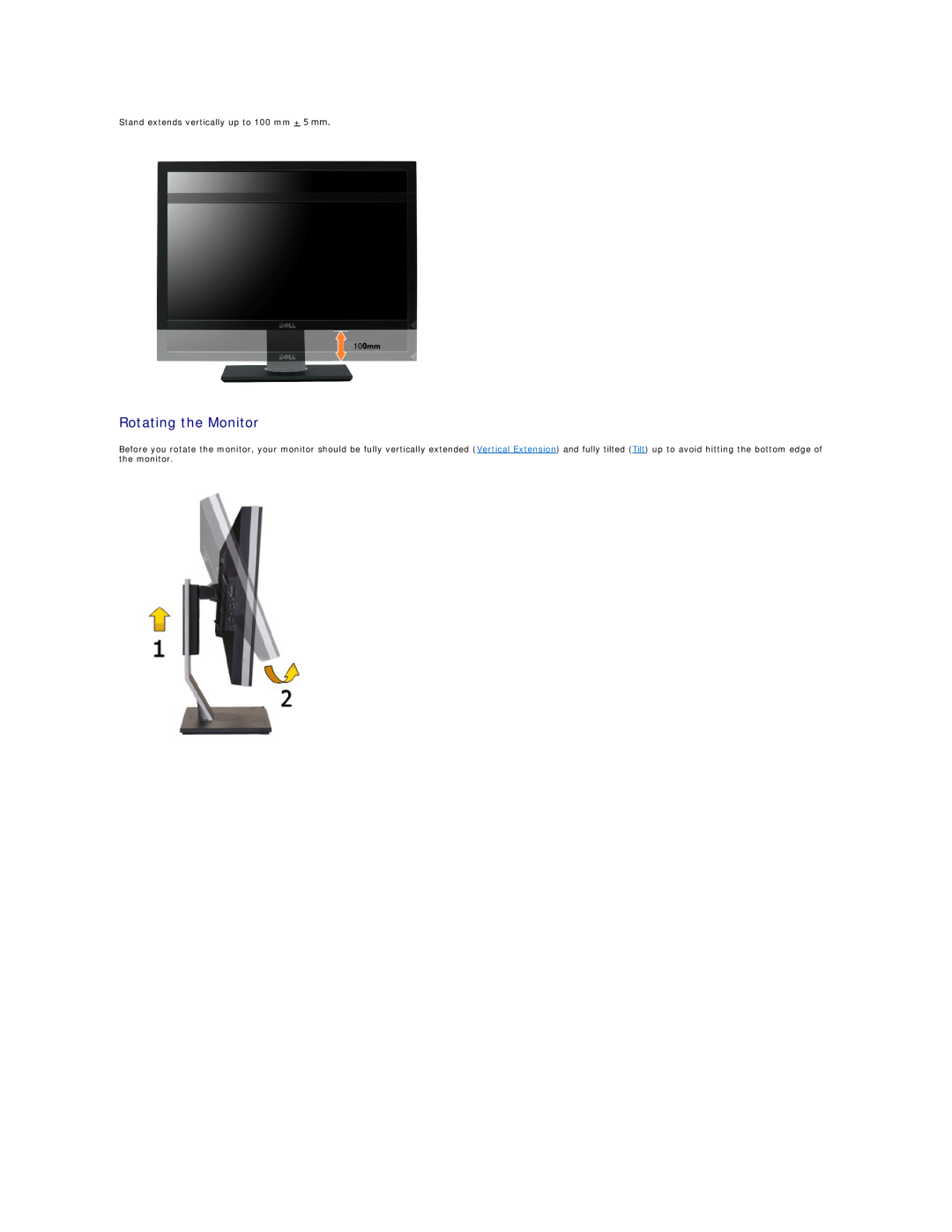 Dell 320-8277, U2410 manual Rotating the Monitor, Stand extends vertically up to 100 mm + 5 mm 