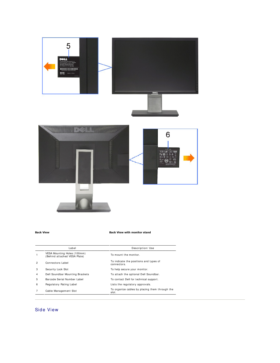 Dell U2410, 320-8277 manual Side View, Back View with monitor stand, Label, Description/Use 