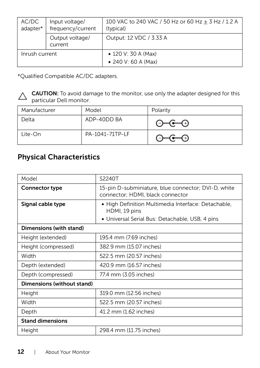 Dell 320-9738 manual Physical Characteristics, Lite-On PA-1041-71TP-LF 