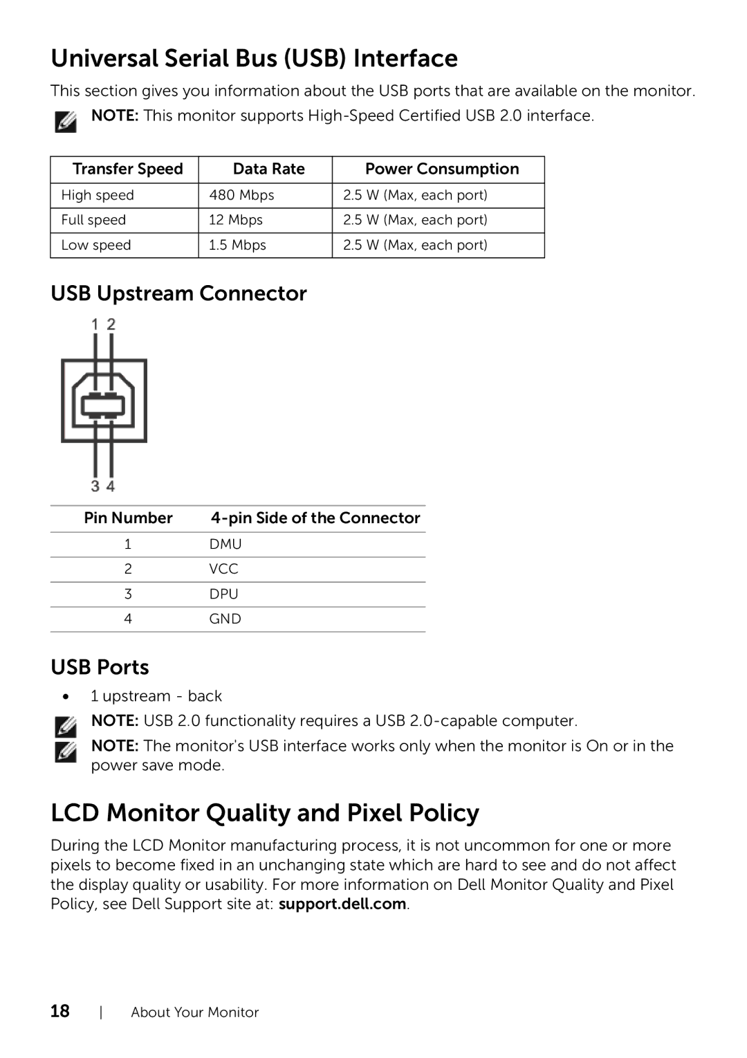 Dell 320-9738 Universal Serial Bus USB Interface, LCD Monitor Quality and Pixel Policy, USB Upstream Connector, USB Ports 