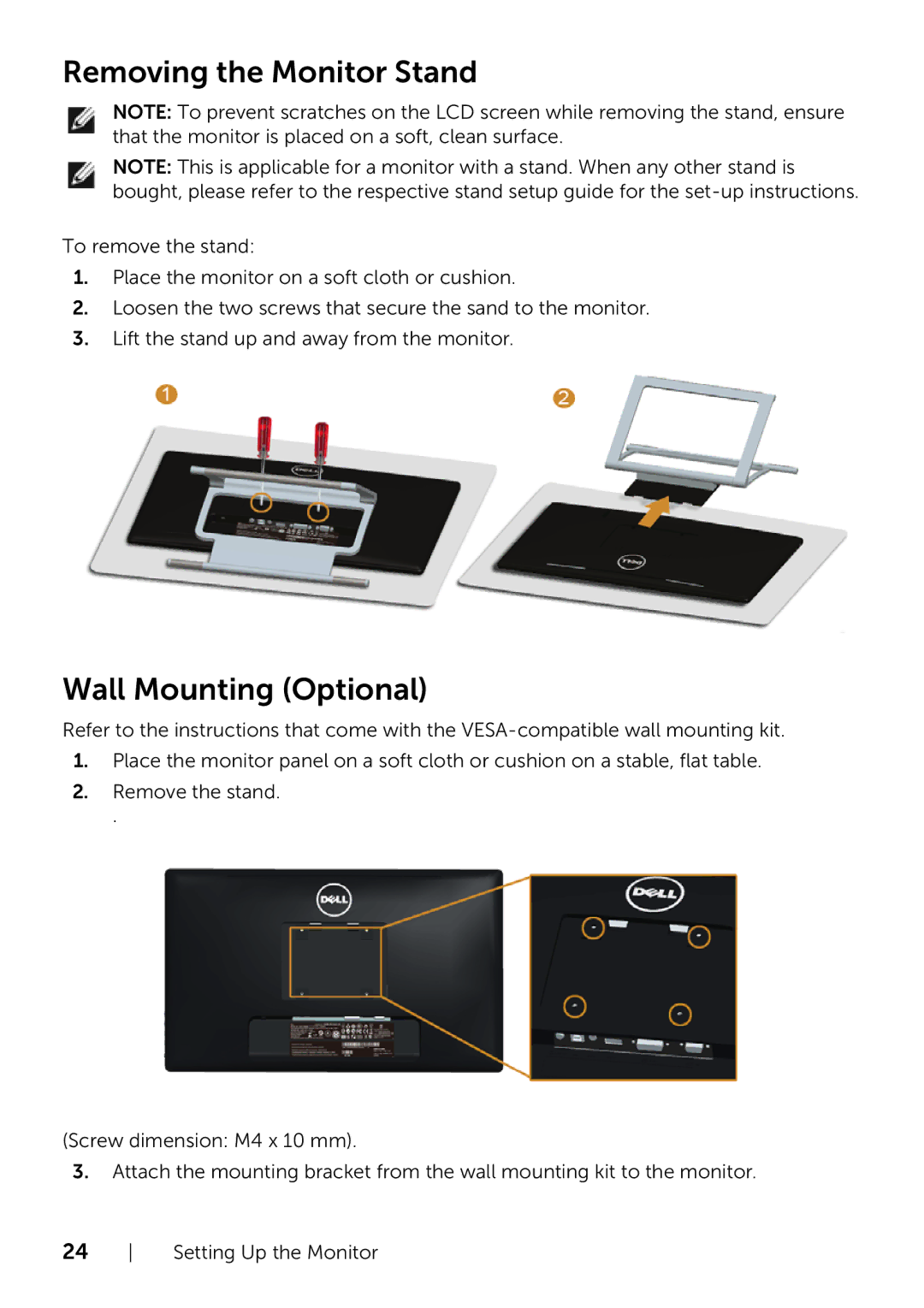 Dell 320-9738 manual Removing the Monitor Stand, Wall Mounting Optional 