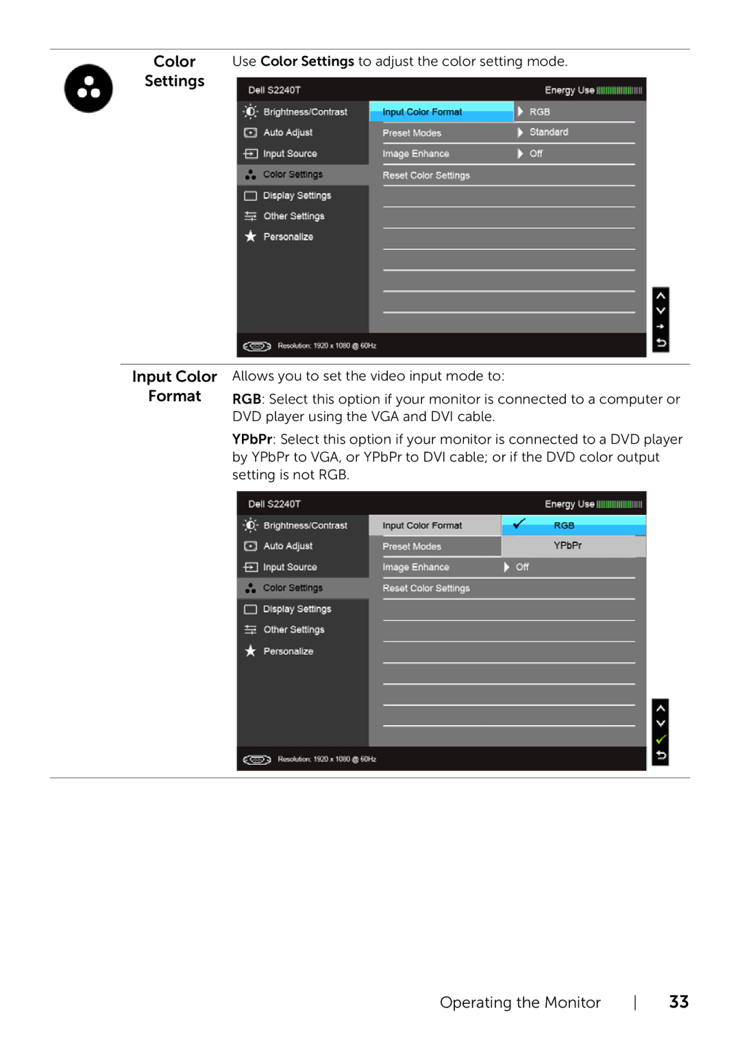 Dell 320-9738 manual Input Color Format 