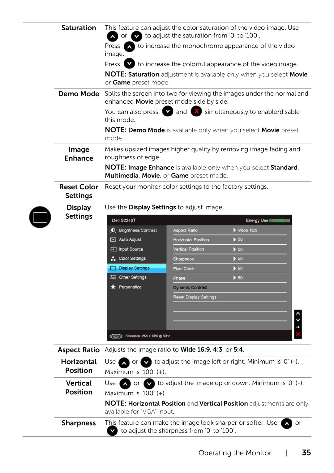 Dell 320-9738 manual Demo Mode, Image, Reset Color, Settings Aspect Ratio, Position 