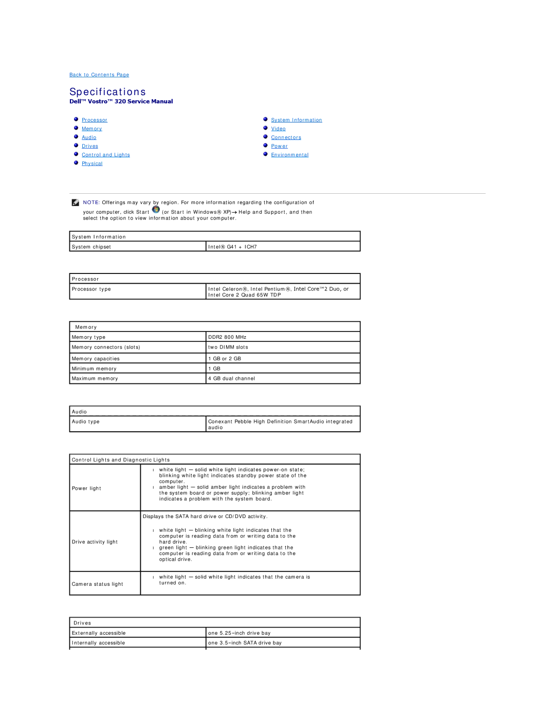 Dell 320 specifications Specifications 