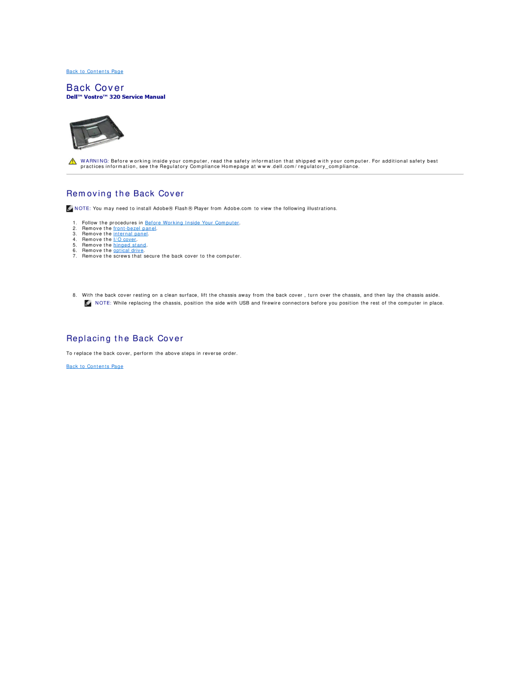 Dell 320 specifications Removing the Back Cover, Replacing the Back Cover, Remove the optical drive 