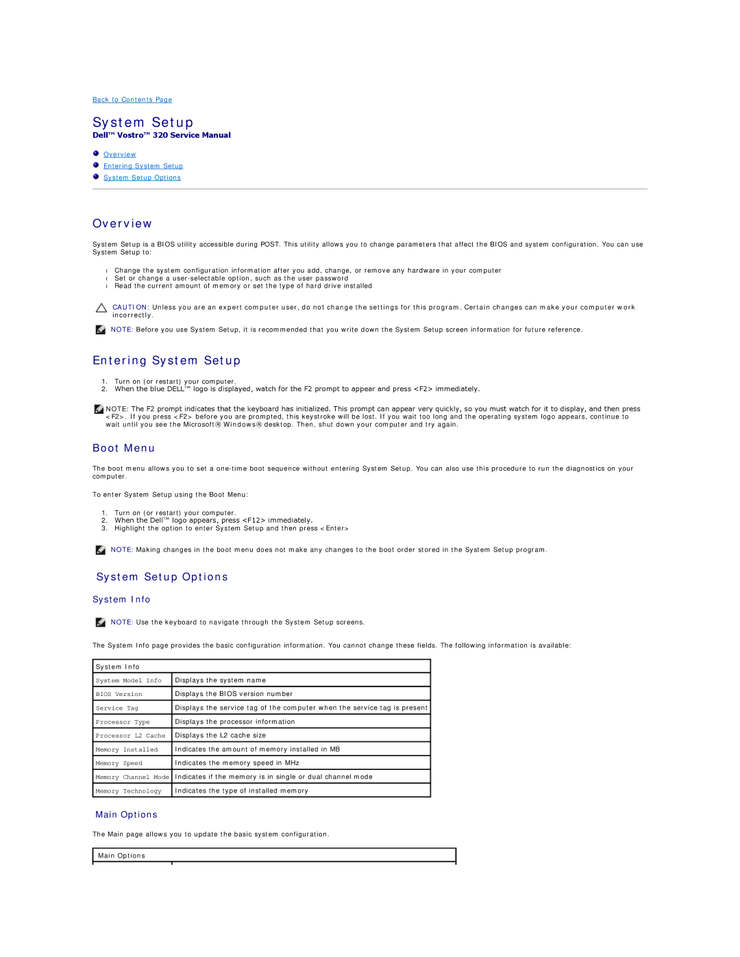 Dell 320 specifications Overview, Entering System Setup, System Info, Main Options 