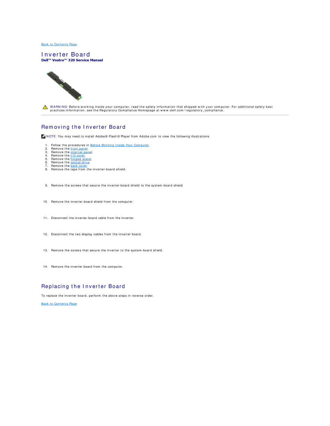Dell 320 specifications Removing the Inverter Board, Replacing the Inverter Board 