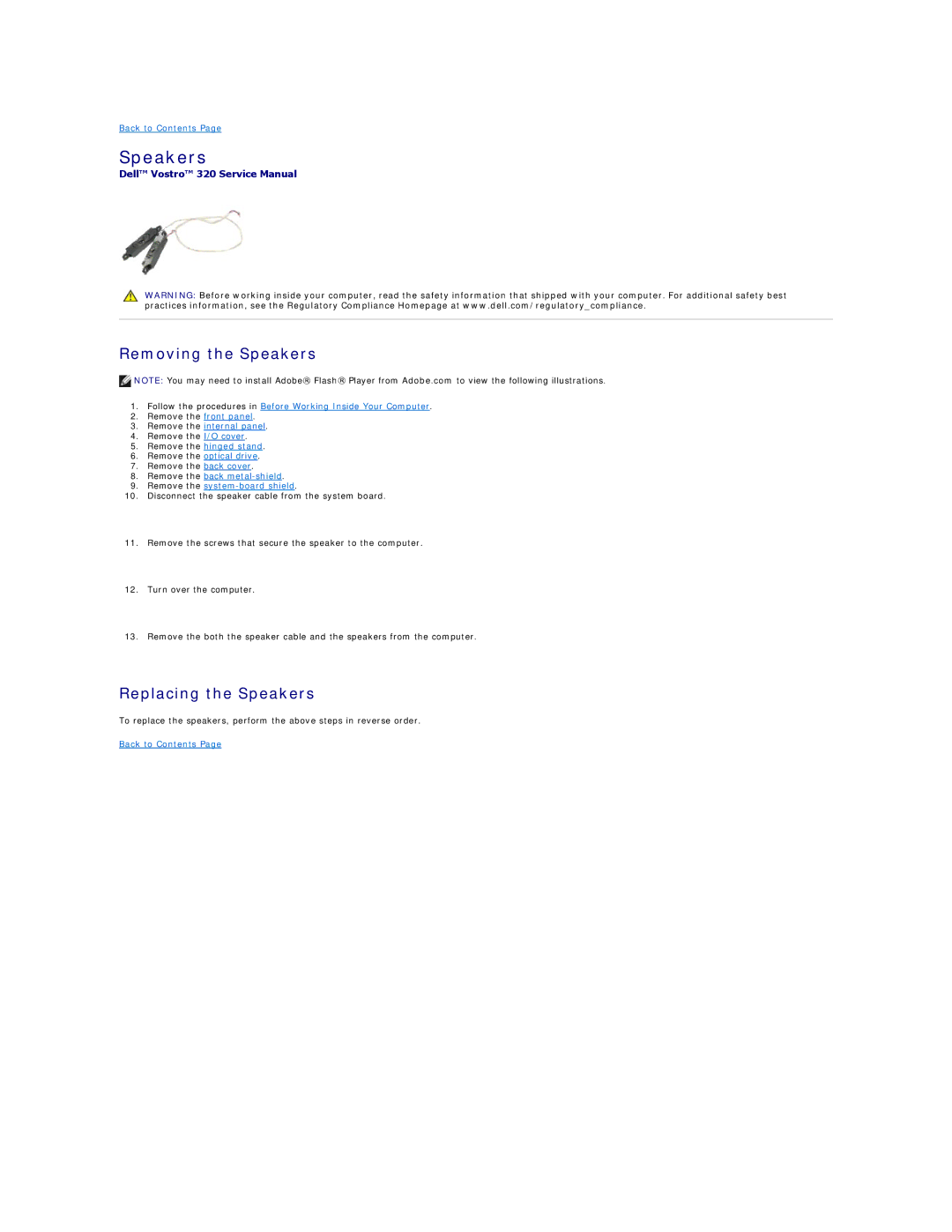 Dell 320 specifications Removing the Speakers, Replacing the Speakers 